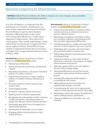 THE SHRM BODY OF COMPETENCY AND KNOWLEDGE8
SECTION 1: BEHAVIORAL COMPETENCIES
Behavioral Competency #2: Ethical Practice
Definition: Ethical Practice is defined as the ability to integrate core values, integrity, and accountability
throughout all organizational and business practices.
As it is for all employees, it is important that HR
professionals to be ethical by considering the core
values of their organization and acting with integrity.
Beyond adhering to rigorous ethical standards
themselves, HR professionals are often tasked
with creating ethical HR systems or reinforcing an
organization’s ethical climate. These efforts serve
several purposes. Most notably, implementing a strong
ethical climate can help protect an organization from
adverse employee behavior. Ethical HR systems are
essential to organizations because they are associated
with higher levels of organizational performance (Lado
& Wilson, 1994).
Key behaviors indicative of proficiency in Ethical
Practice for all HR professionals include:
•	 Maintaining confidentiality.
•	 Acting with personal, professional, and behavioral
integrity.
•	 Responding immediately to all reports of unethical
behavior or conflicts of interest.
•	 Empowering all employees to report unethical
behavior or conflicts of interest without fear of
reprisal.
•	 Showing consistency between espoused and
enacted values.
•	 Acknowledging mistakes.
•	 Driving the corporate ethical environment.
•	 Applying power or authority appropriately.
•	 Recognizing one’s personal bias and the tendencies
of others toward bias, and taking measures to
mitigate the influence of bias in business decisions.
•	 Maintaining appropriate levels of transparency in
organizational practices.
•	 Ensuring that all stakeholder voices are heard.
•	 Managing political and social pressures when
making decisions.
Key behaviors indicative of proficiency in Ethical
Practice for advanced HR professionals include:
•	 Empowering senior leaders to maintain internal
controls and create an ethical environment to
prevent conflicts of interest.
•	 Maintaining contemporary knowledge of ethics,
laws, standards, legislation, and emerging trends
that may affect organizational HR practice.
•	 Establishing oneself as a credible and trustworthy
resource to whom employees may voice concerns.
•	 Challenging other executives and senior leaders
when potential conflicts of interest arise.
•	 Withstanding politically motivated pressure when
developing strategy.
•	 Setting the standard as a role model of ethical
behavior by consistently conforming to the highest
ethical standards and practices.
•	 Balancing organizational success and employee
advocacy when creating strategy.
•	 Developing HR policies and internal controls
to minimize organizational risk from unethical
practice.
•	 Creating HR strategy that holds employees
accountable for their actions.
•	 Making difficult decisions that align with
organizational strategies and values.
•	 Communicating the vision for an organizational
culture in which espoused and enacted values align.
•	 Maintaining a culture that requires all employees to
report unethical practices and behavior.
•	 Aligning all HR practices with ethics, laws, and
standards.
 