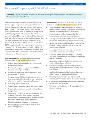 THE SHRM BODY OF COMPETENCY AND KNOWLEDGE 13
SECTION 1: BEHAVIORAL COMPETENCIES
Behavioral Competency #6: Critical Evaluation
Definition: Critical Evaluation is defined as the ability to interpret information with which to make business
decisions and recommendations.
HR can enhance the effectiveness and usefulness of
human capital programs by using appropriate data to
inform their development and monitor their success.
One example of this data is human capital metrics,
which quantify such items as the time to fill a position
and the cost per hire. HR functions that collect and
properly utilize HR metrics to inform HR activity not
only add value to the role of HR in organizations, they
are seen as more reliable strategic partners (Lawler,
Levenson, & Boudreau, 2004). The rise of data-based
HRM practices (such as the increasingly frequent use of
“big data” by HR departments) is clearly evident. HR
professionals are currently being asked to inform their
decisions with data, and this trend is likely to continue
and expand in the coming years.
Key behaviors indicative of proficiency in Critical
Evaluation for all HR professionals include:
•	 Making sound decisions based on evaluation of
available information.
•	 Assessing the impact on organizational HRM
functions of changes in the law.
•	 Transferring knowledge and best practices from
one situation to the next.
•	 Applying critical thinking to information received
from organizational stakeholders, and evaluating
what can be used for organizational success.
•	 Gathering critical information.
•	 Analyzing data with a keen sense for what is useful.
•	 Analyzing information to identify evidence-based
best practices.
•	 Delineating a clear set of best practices based on
experience, evidence from industry literature,
published peer-reviewed research, publicly available
web-based information, and other sources.
•	 Identifying leading indicators of outcomes.
•	 Analyzing large quantities of information from
research and practice.
Key behaviors indicative of proficiency in Critical
Evaluation for advanced HR professionals include:
•	 Maintaining expert knowledge in the use of data,
evidence-based research, benchmarks, and HR and
business metrics to make critical decisions.
•	 Maintaining expert knowledge and ability to
interpret data and make recommendations.
•	 Making decisions with confidence based on analysis
of available information to drive business success.
•	 Setting the direction of HR and the organization
through evaluation of risks and economic and
environmental factors.
•	 Seeking information in a strategic, systematic
manner for use in decision-making.
•	 Analyzing information necessary for evaluating
and using data and additional information to make
effective decisions.
•	 Sponsoring initiatives for process improvement
using evidence-based solutions.
•	 Communicating the impact on organizational
strategy of relevant and important findings from
data analysis.
•	 Applying findings to build effective and creative
polices within an organizational context.
•	 Utilizing one’s awareness and experience of
external/environmental factors in decision-making.
•	 Challenging assumptions and critically examining
all initiatives and programs.
•	 Providing a strategic view to direct and prioritize
decision-making.
 