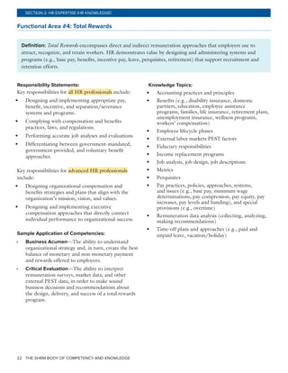 THE SHRM BODY OF COMPETENCY AND KNOWLEDGE22
SECTION 2: HR EXPERTISE (HR KNOWLEDGE)
Functional Area #4: Total Rewards
Definition: Total Rewards encompasses direct and indirect remuneration approaches that employers use to
attract, recognize, and retain workers. HR demonstrates value by designing and administering systems and
programs (e.g., base pay, benefits, incentive pay, leave, perquisites, retirement) that support recruitment and
retention efforts.
Responsibility Statements:
Key responsibilities for all HR professionals include:
•	 Designing and implementing appropriate pay,
benefit, incentive, and separation/severance
systems and programs.
•	 Complying with compensation and benefits
practices, laws, and regulations.
•	 Performing accurate job analyses and evaluations.
•	 Differentiating between government-mandated,
government-provided, and voluntary benefit
approaches.
Key responsibilities for advanced HR professionals
include:
•	 Designing organizational compensation and
benefits strategies and plans that align with the
organization’s mission, vision, and values.
•	 Designing and implementing executive
compensation approaches that directly connect
individual performance to organizational success.
Sample Application of Competencies:
•	 Business Acumen—The ability to understand
organizational strategy and, in turn, create the best
balance of monetary and non-monetary payment
and rewards offered to employees.
•	 Critical Evaluation—The ability to interpret
remuneration surveys, market data, and other
external PEST data, in order to make sound
business decisions and recommendations about
the design, delivery, and success of a total rewards
program.
Knowledge Topics:
•	 Accounting practices and principles
•	 Benefits (e.g., disability insurance, domestic
partners, education, employee assistance
programs, families, life insurance, retirement plans,
unemployment insurance, wellness programs,
workers’ compensation)
•	 Employee lifecycle phases
•	 External labor markets PEST factors
•	 Fiduciary responsibilities
•	 Income replacement programs
•	 Job analysis, job design, job descriptions
•	 Metrics
•	 Perquisites
•	 Pay practices, policies, approaches, systems,
and issues (e.g., base pay, minimum wage
determinations, pay compression, pay equity, pay
increases, pay levels and banding), and special
provisions (e.g., overtime)
•	 Remuneration data analysis (collecting, analyzing,
making recommendations)
•	 Time-off plans and approaches (e.g., paid and
unpaid leave, vacation/holiday)
 
