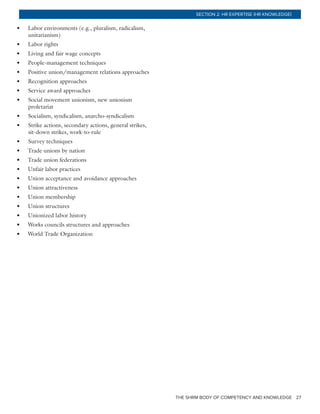 THE SHRM BODY OF COMPETENCY AND KNOWLEDGE 27
SECTION 2: HR EXPERTISE (HR KNOWLEDGE)
•	 Labor environments (e.g., pluralism, radicalism,
unitarianism)
•	 Labor rights
•	 Living and fair wage concepts
•	 People-management techniques
•	 Positive union/management relations approaches
•	 Recognition approaches
•	 Service award approaches
•	 Social movement unionism, new unionism
proletariat
•	 Socialism, syndicalism, anarcho-syndicalism
•	 Strike actions, secondary actions, general strikes,
sit-down strikes, work-to-rule
•	 Survey techniques
•	 Trade unions by nation
•	 Trade union federations
•	 Unfair labor practices
•	 Union acceptance and avoidance approaches
•	 Union attractiveness
•	 Union membership
•	 Union structures
•	 Unionized labor history
•	 Works councils structures and approaches
•	 World Trade Organization
 
