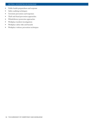 THE SHRM BODY OF COMPETENCY AND KNOWLEDGE32
SECTION 2: HR EXPERTISE (HR KNOWLEDGE)
•	 Public health preparedness and response
•	 Safety auditing techniques
•	 Terrorism prevention and responses
•	 Theft and fraud prevention approaches
•	 Whistleblower protection approaches
•	 Workplace incident investigations
•	 Workplace safety risks and hazards
•	 Workplace violence prevention techniques
 