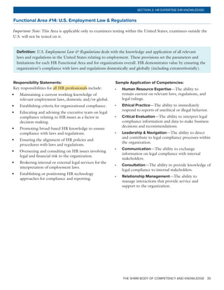 THE SHRM BODY OF COMPETENCY AND KNOWLEDGE 35
SECTION 2: HR EXPERTISE (HR KNOWLEDGE)
Functional Area #14: U.S. Employment Law & Regulations
Important Note: This Area is applicable only to examinees testing within the United States; examinees outside the
U.S. will not be tested on it.
Definition: U.S. Employment Law & Regulations deals with the knowledge and application of all relevant
laws and regulations in the United States relating to employment. These provisions set the parameters and
limitations for each HR Functional Area and for organizations overall. HR demonstrates value by ensuring the
organization’s compliance with laws and regulations domestically and globally (including extraterritorially).
Responsibility Statements:
Key responsibilities for all HR professionals include:
•	 Maintaining a current working knowledge of
relevant employment laws, domestic and/or global.
•	 Establishing criteria for organizational compliance.
•	 Educating and advising the executive team on legal
compliance relating to HR issues as a factor in
decision-making.
•	 Promoting broad-based HR knowledge to ensure
compliance with laws and regulations.
•	 Ensuring the alignment of HR policies and
procedures with laws and regulations.
•	 Overseeing and consulting on HR issues involving
legal and financial risk to the organization.
•	 Brokering internal or external legal services for the
interpretation of employment laws.
•	 Establishing or positioning HR technology
approaches for compliance and reporting.
Sample Application of Competencies:
•	 Human Resource Expertise—The ability to
remain current on relevant laws, regulations, and
legal rulings.
•	 Ethical Practice—The ability to immediately
respond to reports of unethical or illegal behavior.
•	 Critical Evaluation—The ability to interpret legal
compliance information and data to make business
decisions and recommendations.
•	 Leadership & Navigation—The ability to direct
and contribute to legal compliance processes within
the organization.
•	 Communication—The ability to exchange
information on legal compliance with internal
stakeholders.
•	 Consultation—The ability to provide knowledge of
legal compliance to internal stakeholders.
•	 Relationship Management—The ability to
manage interactions that provide service and
support to the organization.
 