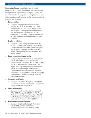 THE SHRM BODY OF COMPETENCY AND KNOWLEDGE36
SECTION 2: HR EXPERTISE (HR KNOWLEDGE)
Knowledge Topics: Listed below are six broad
categories of U.S. laws, regulations, and cases relating
to employment, together with examples. (This is not
an exhaustive list of categories or examples.) Local laws
and regulations, such as those on the state or municipal
level, are not included.
•	 Compensation
»» Examples: Employee Retirement Income
Security Act of 1974 (ERISA); Fair Labor
Standards Act of 1938 (FLSA; Wage-Hour
Bill; Wagner-Connery Wages and Hours Act)
and amendments; Equal Pay Act of 1963
(amending FLSA); Lilly Ledbetter Fair Pay Act
of 2009; Ledbetter v. Goodyear Tire & Rubber
Co. (2007).
•	 Employee relations
»» Examples: Labor Management Relations Act
of 1947 (LMRA; Taft-Hartley Act); National
Labor Relations Act of 1935 (NLRA; Wagner
Act; Wagner-Connery Labor Relations Act);
NLRB v. Weingarten (1975); Lechmere, Inc. v.
NLRB (1992).
•	 Equal employment opportunity
»» Examples: Age Discrimination in Employment
Act of 1967 (ADEA) and amendments;
Americans with Disabilities Act of 1990 (ADA)
and ADA Amendments Act of 2008; Civil
Rights Acts; Equal Employment Opportunity
Act of 1972 (amending Civil Rights Act);
Uniform Guidelines on Employee Selection
Procedures (1978) (29 CFR Part 1607); Griggs
v. Duke Power Co. (1971); Phillips v. Martin
Marietta Corp. (1971).
•	 Job safety and health
»» Examples: Drug-Free Workplace Act of 1988;
Guidelines on Sexual Harassment; Occupational
Safety and Health Act of 1970.
•	 Leave and benefits
»» Examples: Family and Medical Leave Act of
1993 (FMLA; expanded 2008, 2010); Patient
Protection and Affordable Care Act (PPACA;
ACA; “Obamacare”); National Federation of
Independent Business v. Sebelius (2012).
•	 Miscellaneous protection laws
»» Examples: Employee Polygraph Protection
Act of 1988; Genetic Information
Nondiscrimination Act of 2008 (GINA).
 
