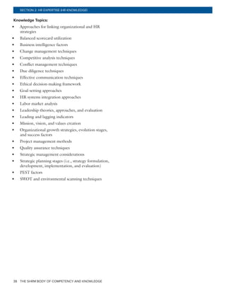 THE SHRM BODY OF COMPETENCY AND KNOWLEDGE38
SECTION 2: HR EXPERTISE (HR KNOWLEDGE)
Knowledge Topics:
•	 Approaches for linking organizational and HR
strategies
•	 Balanced scorecard utilization
•	 Business intelligence factors
•	 Change management techniques
•	 Competitive analysis techniques
•	 Conflict management techniques
•	 Due diligence techniques
•	 Effective communication techniques
•	 Ethical decision-making framework
•	 Goal-setting approaches
•	 HR systems integration approaches
•	 Labor market analysis
•	 Leadership theories, approaches, and evaluation
•	 Leading and lagging indicators
•	 Mission, vision, and values creation
•	 Organizational growth strategies, evolution stages,
and success factors
•	 Project management methods
•	 Quality assurance techniques
•	 Strategic management considerations
•	 Strategic planning stages (i.e., strategy formulation,
development, implementation, and evaluation)
•	 PEST factors
•	 SWOT and environmental scanning techniques
 