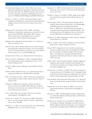THE SHRM BODY OF COMPETENCY AND KNOWLEDGE 43
ADDITIONAL RESOURCES
The Economist Intelligence Unit. (2014). What’s next: Future
global trends affecting your organization: Evolution of work and
the worker. Alexandria, VA: SHRM Foundation. Retrieved from
www.shrm.org/about/foundation/shapingthefuture/docu-
ments/2-14%20theme%201%20paper-final%20for%20web.pdf
Edwards, T., & Rees, C. (2010). International human resource
management: Globalization, national systems and multinational
companies (2nd ed.).New York, NY: Financial Times/Pren-
tice-Hall.
Eichinger, R. W., & Lombardo, M. M. (2004). The 6 Qs of
leadership—A blueprint for enduring success at the top (Pre-pub-
lication edition #052504). Minneapolis, MN: Lominger.
Retrieved from http://leadershipall.com/wp-content/
uploads/2012/12/The-6Qs-Of-Leadership.pdf.
Employment Law Information Network website. (n.d.). Retrieved
from www.elinfonet.com/
Ernst & Young. (2013). Human capital carve-out study: Strategies
of successful sellers. Retrieved from http://www.ey.com/Publi-
cation/vwLUAssets/Human_capital_carve-out_study/$FILE/
Human_capital_carve_out_study_DL0687.pdf
European Union website. (n.d.). Retrieved from www.Europa.eu
Evans, P., Pucik, V., & Bjšrkman, I. (2011). The global challenge:
International human resource management (2nd ed.). New
York, NY: McGraw-Hill.
Farrell, D. (2006). Smarter offshoring. Harvard Business Review,
83(6).
FindLaw website/Employment law. (n.d.). Retrieved from http://
employment.findlaw.com/?DCMP=KWC-G-PUBLIC
Fink, A., & Vickers, M. (Eds.). (2011). Special issue: Using human
capital analytics to make excellent business decisions. People &
Strategy, 34(2).
Fitzgerald, J. (2006, January/February). Works councils and
unions: Friend or foe of HRO? HRO Today, 5(1). Retrieved
from http://www.hrotoday.com/content/1191/works-coun-
cils-and-unions-friend-or-foe-hro
Fox, A. (2014). Keep your top talent: The return of retention
[Special Report]. HR Magazine, 59(4).
Freeman, R. E., Wicks, A. C., & Parmar, B. (2004). Stakeholder
theory and “the corporate objective revisited”. Organization
Science, 15(3), 364-369.
Friedman, T. L. (2012). The Lexus and the olive tree: Understanding
globalization (Rev. ed.). New York, NY: Picador.
Friedman, T. L. (2007). The world is flat 3.0: A brief history of the
twenty-first century (3rd ed.). New York, NY: Picador/Farrar,
Straus, and Giroux.
Friedrich, J., Noam, A., & Ofek, E. (2014). Right up the middle:
How Israeli firms go global. Harvard Business Review, 92,
113-117.
Forbes Insights. (2011). Fostering innovation through a diverse
workforce. Retrieved from images.forbes.com/forbesinsights/
StudyPDFs/Innovation_Through_Diversity.pdf
Fryer, B. (2003, June). Storytelling that moves people: A
conversation with screenwriting coach Robert McKee. Har-
vard Business Review/The Magazine. Retrieved from http://
hbr.org/2003/06/storytelling-that-moves-people/ar
Galbraith, J. R. (2002). Organizing to deliver solutions. Organiza-
tional Dynamics, 31, 194-205.
Gallo, F. T. (2012). How Chinese managers can become effective
global leaders. People & Strategy, 35, 24-30.
Gallup. (2013). Engagement at work: Its effect on performance
continues in tough economic times: Key findings from Gallup’s
Q12 meta-analysis of 1.4 million employees. Retrieved from
http://www.gallup.com/strategicconsulting/161459/
engagement-work-effect-performance-continues-tough-eco-
nomic-times.aspx
Gallup. (2013). State of the global workplace: Employee engagement
insights for business leaders worldwide [Study findings]. Re-
trieved from www.gallup.com/strategicconsulting/164735/
state-global-workplace.aspx
Gardenswartz, L., & Rowe, A. (2009). The effective management
of cultural diversity. In M. Moodian (Ed.), Contemporary lead-
ership and intercultural competence: Exploring the cross-cultural
dynamics within organizations. Thousands Oaks, CA: Sage.
Geert Hofstede cultural dimensions [Web page]. (n.d.). Retrieved
from www.clearlycultural.com/geert-hofstede-cultural-dimen-
sions
Gelfand, M. J., Erez, M., & Aycan, Z. (2007). Cross-cultural
organizational behavior. Annual Review of Psychology, 58,
479-514.
Ghemawat, P. (2007). Redefining global strategy: Crossing borders
in a world where differences still matter. Boston, MA: Harvard
Business School Press.
Ghislanzoni, G., Penttinen, R., & Turnbull, D. (2008, March).
The multilocal challenge: Managing cross-border functions.
McKinsey Quarterly. Retrieved from http://www.mckinsey.it/
storage/first/uploadfile/attach/139992/file/much08.pdf
 