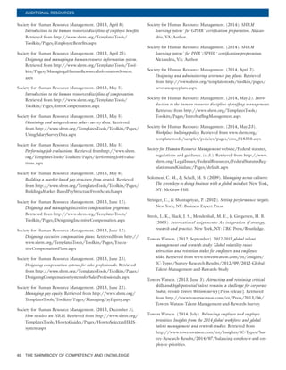 THE SHRM BODY OF COMPETENCY AND KNOWLEDGE48
ADDITIONAL RESOURCES
Society for Human Resource Management. (2013, April 8).
Introduction to the human resources discipline of employee benefits.
Retrieved from http://www.shrm.org/TemplatesTools/
Toolkits/Pages/EmployeeBenefits.aspx
Society for Human Resource Management. (2013, April 25).
Designing and managing a human resource information system.
Retrieved from http://www.shrm.org/TemplatesTools/Tool-
kits/Pages/ManagingaHumanResourceInformationSystem.
aspx
Society for Human Resource Management. (2013, May 5).
Introduction to the human resources discipline of compensation.
Retrieved from http://www.shrm.org/TemplatesTools/
Toolkits/Pages/IntroCompensation.aspx
Society for Human Resource Management. (2013, May 5).
Obtaining and using relevant salary survey data. Retrieved
from http://www.shrm.org/TemplatesTools/Toolkits/Pages/
UsingSalarySurveyData.aspx
Society for Human Resource Management. (2013, May 5).
Performing job evaluations. Retrieved fromhttp://www.shrm.
org/TemplatesTools/Toolkits/Pages/PerformingJobEvalua-
tions.aspx
Society for Human Resource Management. (2013, May 6).
Building a market-based pay structure from scratch. Retrieved
from http://www.shrm.org/TemplatesTools/Toolkits/Pages/
BuildingaMarket-BasedPayStructureFromScratch.aspx
Society for Human Resource Management. (2013, June 12).
Designing and managing incentive compensation programs.
Retrieved from http://www.shrm.org/TemplatesTools/
Toolkits/Pages/DesigningIncentiveCompensation.aspx
Society for Human Resource Management. (2013, June 12).
Designing executive compensation plans. Retrieved from http://
www.shrm.org/TemplatesTools/Toolkits/Pages/Execu-
tiveCompensationPlans.aspx
Society for Human Resource Management. (2013, June 23).
Designing compensation systems for sales professionals. Retrieved
from http://www.shrm.org/TemplatesTools/Toolkits/Pages/
DesigningCompensationSystemsforSalesProfessionals.aspx
Society for Human Resource Management. (2013, June 23).
Managing pay equity. Retrieved from http://www.shrm.org/
TemplatesTools/Toolkits/Pages/ManagingPayEquity.aspx
Society for Human Resource Management. (2013, December 3).
How to select an HRIS. Retrieved from http://www.shrm.org/
TemplatesTools/HowtoGuides/Pages/HowtoSelectanHRIS-
system.aspx
Society for Human Resource Management. (2014). SHRM
learning system¨ for GPHR¨ certification preparation. Alexan-
dria, VA: Author.
Society for Human Resource Management. (2014). SHRM
learning system¨ for PHR¨/SPHR¨ certification preparation.
Alexandria, VA: Author.
Society for Human Resource Management. (2014, April 2).
Designing and administering severance pay plans. Retrieved
from http://www.shrm.org/templatestools/toolkits/pages/
severancepayplans.aspx
Society for Human Resource Management. (2014, May 2). Intro-
duction to the human resources discipline of staffing management.
Retrieved from http://www.shrm.org/TemplatesTools/
Toolkits/Pages/IntroStaffingManagement.aspx
Society for Human Resource Management. (2014, May 23).
Workplace bullying policy. Retrieved from www.shrm.org/
templatestools/samples/policies/pages/cms_018350.aspx
Society for Human Resource Management website/Federal statutes,
regulations and guidance. (n.d.). Retrieved from http://www.
shrm.org/LegalIssues/FederalResources/FederalStatutesReg-
ulationsandGuidanc/Pages/default.aspx
Solomon, C. M., & Schell, M. S. (2009). Managing across cultures:
The seven keys to doing business with a global mindset. New York,
NY: McGraw-Hill.
Stringer, C., & Shantapriyan, P. (2012). Setting performance targets.
New York, NY: Business Expert Press.
Stroh, L. K., Black, J. S., Mendenhall, M. E., & Gregersen, H. B.
(2005). International assignments: An integration of strategy,
research and practice. New York, NY: CRC Press/Routledge.
Towers Watson. (2012, September). 2012-2013 global talent
management and rewards study: Global volatility raises
attraction and retention stakes for employers and employees
alike. Retrieved from www.towerswatson.com/en/Insights/
IC-Types/Survey-Research-Results/2012/09/2012-Global-
Talent-Management-and-Rewards-Study
Towers Watson. (2013, June 3). Attracting and retaining critical
skills and high potential talent remains a challenge for corporate
India; reveals Towers Watson survey [Press release]. Retrieved
from http://www.towerswatson.com/en/Press/2013/06/
Towers-Watson-Talent-Management-and-Rewards-Survey.
Towers Watson. (2014, July). Balancing employer and employee
priorities: Insights from the 2014 global workforce and global
talent management and rewards studies. Retrieved from
http://www.towerswatson.com/en/Insights/IC-Types/Sur-
vey-Research-Results/2014/07/balancing-employer-and-em-
ployee-priorities.
 