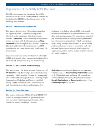 THE SHRM BODY OF COMPETENCY AND KNOWLEDGE 5
INTRODUCTION TO THE SHRM BODY OF COMPETENCY AND KNOWLEDGE
Organization of the SHRM BoCK Document
The HR competencies and knowledge that will be
assessed on the SHRM-CP and SHRM-SCP exams are
detailed in the SHRM BoCK, which consists of the
following three sections:
Section 1 – Behavioral Competencies:
This section describes how HR professionals utilize
the eight Behavioral Competencies to perform
effectively in the workplace. Each Competency
includes a definition; a broad summary of the primary
actions associated with that Competency; and key
behaviors indicative of proficiency in that Competency.
The section identifies behaviors relevant to all HR
professionals, and those relevant only to advanced HR
professionals.
Please note that some of the key behaviors relevant to
all HR professionals reflect transactional tasks in which
advanced HR professionals may not be specifically
proficient; nonetheless, advanced HR professionals
should understand the concepts behind these tasks and
their strategic importance. (For example, an advanced
HR professional may not be required to perform the
key behavior/transactional task of daily consultation
with a hiring manager; nevertheless, an advanced HR
professional should be able to ensure that such a key
behavior aligns with the strategic direction of the
organization, and to mentor and develop this behavior
in a junior employee.)
Section 2 – HR Expertise (HR Knowledge):
This section covers the single technical Competency of
HR Expertise (HR Knowledge). Several introductory
paragraphs explain how this Competency is organized
into four broad Knowledge Domains (covering People,
Organization, Workplace, and Strategy), divided
among 15 HR Functional Areas. A subsection on
each Functional Area follows, and includes: (1) a
Definition summarizing the key concepts associated
with the Area; (2) Responsibility Statements relevant
to all HR professionals, and those relevant only to
advanced HR professionals; (3) pertinent illustrative
Sample Applications of Competencies; and (4) key
Knowledge Topics in the Area.
Section 3 – Exam Overview:
This section outlines the SHRM-CP and SHRM-SCP
exams, including the number of questions on each
test, and score weightings assigned to each of the
Competencies and Knowledge Domains.
 