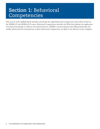 THE SHRM BODY OF COMPETENCY AND KNOWLEDGE6
THE SHRM BODY OF COMPETENCY AND KNOWLEDGE
Section 1: Behavioral
Competencies
This section of the SHRM BoCK identifies and details the eight Behavioral Competencies that will be tested on
the SHRM-CP and SHRM-SCP exams. Behavioral Competencies describe the KSAs that facilitate the application
of technical knowledge to effective job-related behavior. SHRM’s research indicates that HR professionals who
exhibit advanced levels of proficiency in these Behavioral Competencies are likely to be effective in the workplace.
 