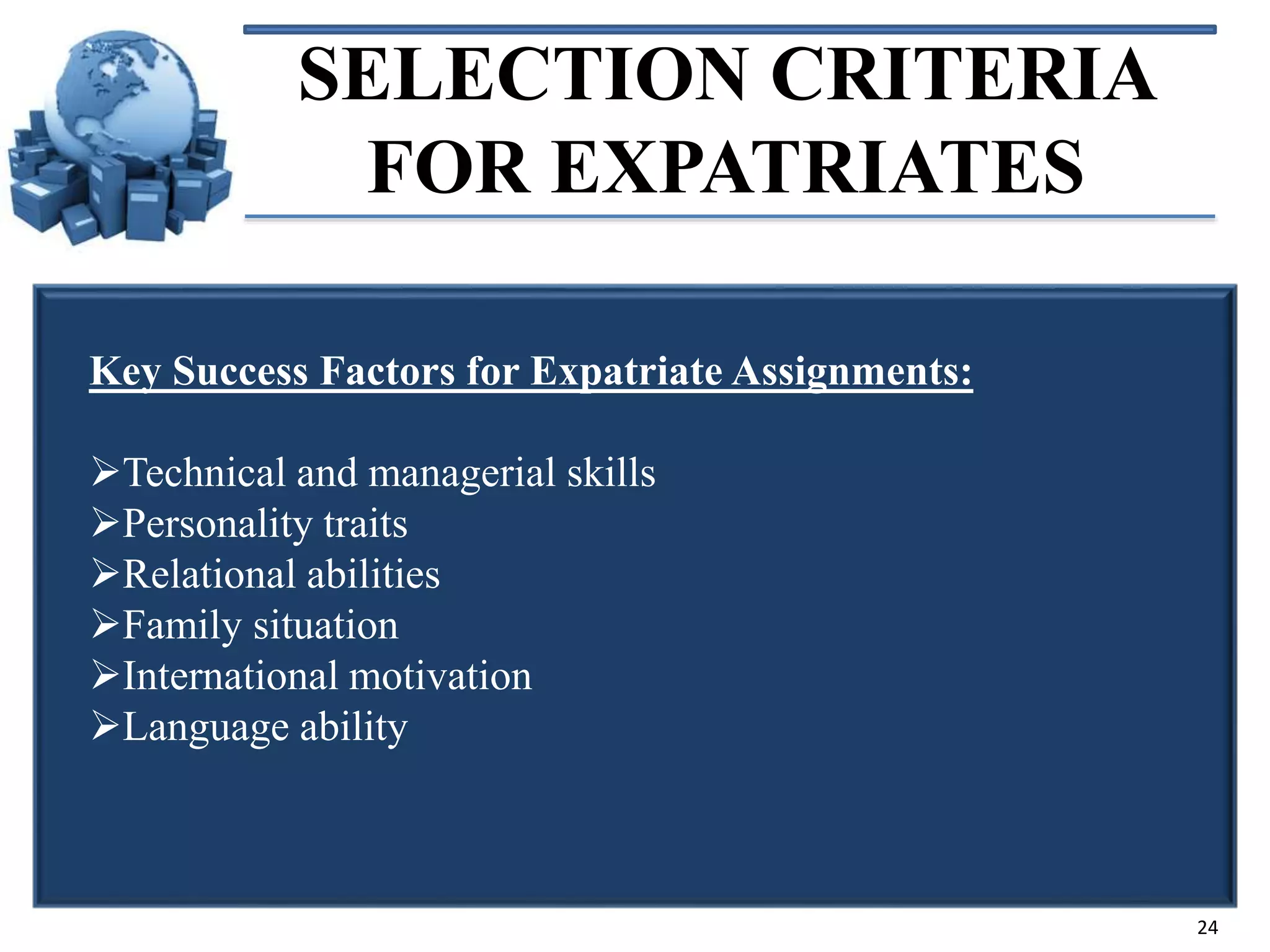 SELECTION CRITERIA
FOR EXPATRIATES
Key Success Factors for Expatriate Assignments:

Technical and managerial skills
Personality traits
Relational abilities
Family situation
International motivation
Language ability

24

 