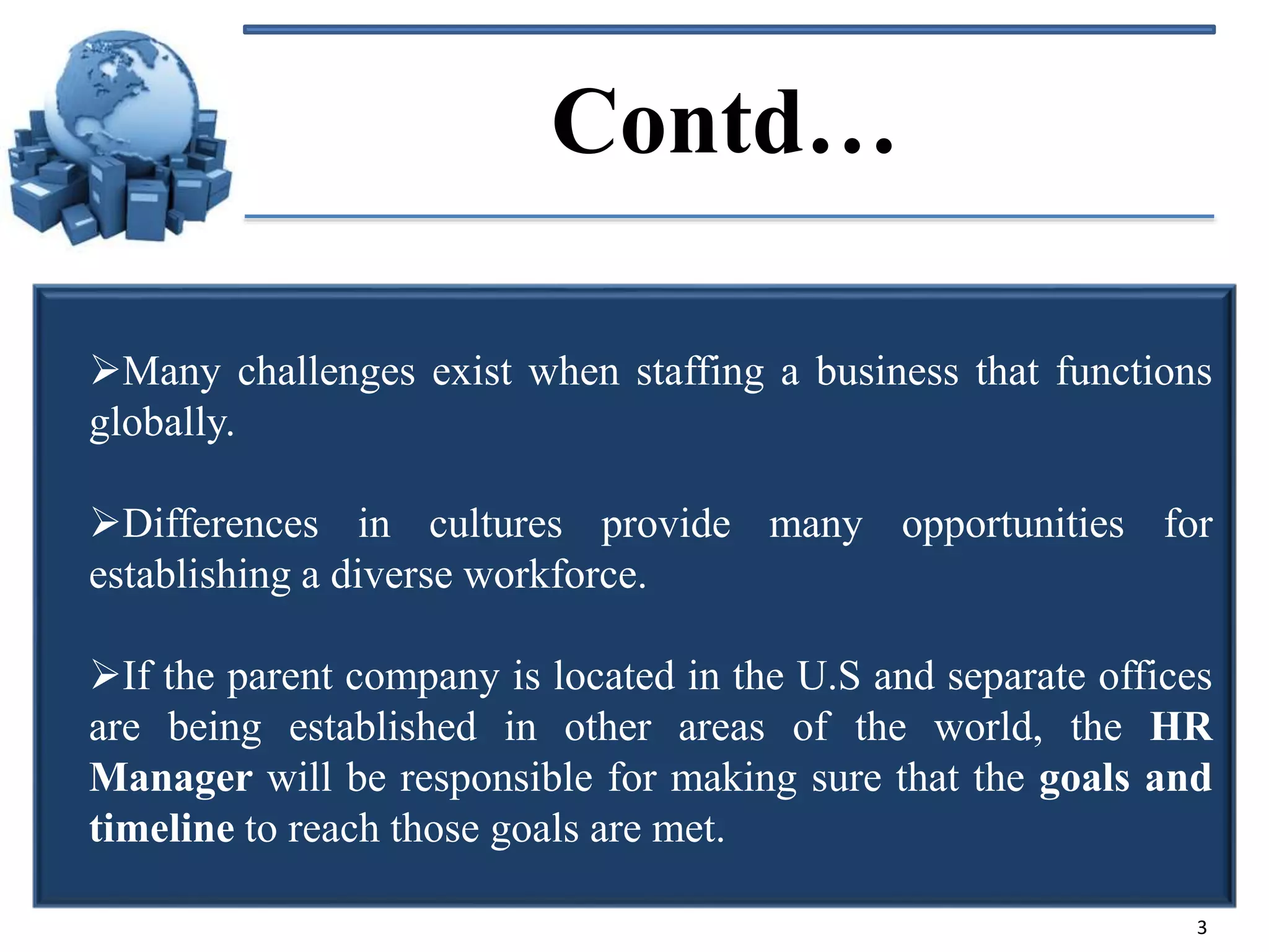 Contd…
Many challenges exist when staffing a business that functions
globally.
Differences in cultures provide many opportunities for
establishing a diverse workforce.
If the parent company is located in the U.S and separate offices
are being established in other areas of the world, the HR
Manager will be responsible for making sure that the goals and
timeline to reach those goals are met.
3

 