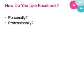 How Do You Use Facebook?

•  Personally?
•  Professionally?
 