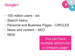 Google+

•    100 million users - ish
•    Search heavy
•    Personal and Business Pages - CIRCLES
•    News and content – SEO
•    NEW
                              You	
  can	
  have	
  
                        mul5ple	
  admins	
  for	
  
                         a	
  company	
  page!	
  	
  
 