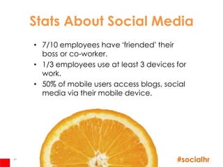 Stats About Social Media
     • 7/10 employees have „friended‟ their
       boss or co-worker.
     • 1/3 employees use at least 3 devices for
       work.
     • 50% of mobile users access blogs, social
       media via their mobile device.




45
                                            #socialhr
 