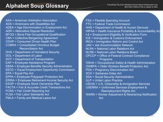 Alphabet Soup Glossary AAA = American Arbitration Association ADA = Americans with Disabilities Act ADEA = Age Discrimination in Employment Act ADR = Alternative Dispute Resolution BFOQ = Bona Fide Occupational Qualification CBA = Collective Bargaining Agreement CDHP = Consumer Driven Health Plan COBRA = Consolidated Omnibus Budget    Reconciliation Act DHS = Department of Homeland Security DOL = Department of Labor DOT = Department of Transportation EAP = Employee Assistance Program EBSA = Employee Benefits Security Administration EEOC = Equal Employment Opportunity Commission EPA = Equal Pay Act EPPA = Employee Polygraph Protection Act ERISA = Employee Retirement Income Security Act ESOP = Employee Stock Ownership Plan FACTA = Fair & Accurate Credit Transactions Act FCRA = Fair Credit Reporting Act FLSA = Fair Labor Standards Act FMLA = Family and Medical Leave Act FSA = Flexible Spending Account FTC = Federal Trade Commission HHS = Department of Health & Human Services HIPAA = Health Insurance Portability & Accountability Act I-9 = Employment Eligibility & Verification Form ICE = Immigration & Customs Enforcement IRCA = Immigration Reform and Control Act JAN = Job Accommodation Network NLRA = National Labor Relations Act NLRB = National Labor Relations Board OFCCP = Office of Federal Contract Compliance    Programs OSHA = Occupational Safety & Health Administration OWBPA = Older Workers Benefit Protection Act PDA = Pregnancy Discrimination Act SOX = Sarbanes-Oxley Act SSA = Social Security Administration ULP = Unfair Labor Practice USCIS = U.S. Citizenship & Immigration Services USERRA = Uniformed Services Employment &  Reemployment Rights Act WARN = Worker Adjustment & Restraining Notification   Act 