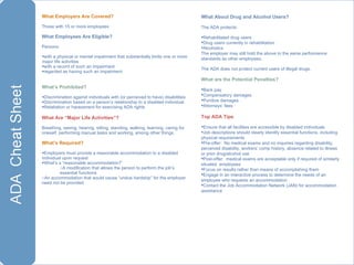 What Employers Are Covered?  Those with 15 or more employees What Employees Are Eligible? Persons: with a physical or mental impairment that substantially limits one or more major life activities with a record of such an impairment regarded as having such an impairment What’s Prohibited? Discrimination against individuals with (or perceived to have) disabilities Discrimination based on a person’s relationship to a disabled individual Retaliation or harassment for exercising ADA rights What Are “Major Life Activities”? Breathing, seeing, hearing, sitting, standing, walking, learning, caring for oneself, performing manual tasks and working, among other things. What’s Required? Employers must provide a reasonable accommodation to a disabled individual upon request What’s a “reasonable accommodation?” A modification that allows the person to perform the job’s essential functions An accommodation that would cause “undue hardship” for the employer need not be provided ©2008 Manpower Inc.  All rights reserved. What About Drug and Alcohol Users? The ADA protects: Rehabilitated drug users Drug users currently in rehabilitation Alcoholics The employer may still hold the above to the same performance standards as other employees. The ADA does not protect current users of illegal drugs. What are the Potential Penalties? Back pay Compensatory damages Punitive damages Attorneys’ fees Top ADA Tips Ensure that all facilities are accessible by disabled individuals Job descriptions should clearly identify essential functions, including physical requirements Pre-offer:  No medical exams and no inquiries regarding disability, perceived disability, workers’ comp history, absence related to illness or prior drug/alcohol use Post-offer:  medical exams are acceptable only if required of similarly situated  employees Focus on results rather than means of accomplishing them Engage in an interactive process to determine the needs of an employee who requests an accommodation Contact the Job Accommodation Network (JAN) for accommodation assistance 