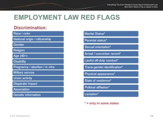 EMPLOYMENT LAW RED FLAGS Discrimination: * = only in some states 