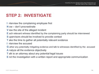 STEP 2:  INVESTIGATE I   nterview the complaining employee first N  ow – don’t procrastinate V  iew the site of the alleged incident E   ach relevant witness identified by the complaining party should be interviewed S  upervisors should be involved to provide context T  ake the time to gather all potentially relevant evidence I   nterview the accused G   ather any potentially mitigating evidence and talk to witnesses identified by the  accused A  nalyze all the evidence objectively T  alk to an attorney about any potential legal issues E  nd the investigation with a written report and appropriate communication 