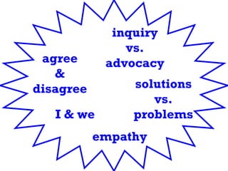 agree & disagree inquiry vs. advocacy solutions vs. problems empathy I & we 