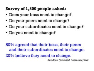 Survey of 1,800 people asked: Does your boss need to change? Do your peers need to change? Do your subordinates need to change? Do you need to change? 80% agreed that their boss, their peers and their subordinates need to change. 20% believe they need to change.  -Sue Annis Hammond, Andrea Mayfield 