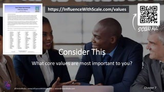 Consider This
What core values are most important to you?
https://InfluenceWithScale.com/values
@VivianBlade | www.InfluenceWithScale.com | vivian@vivianblade.com Chapter 7
 