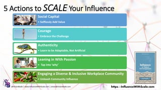 5 Actions to SCALE Your Influence
https://InfluenceWithScale.com
@VivianBlade | www.InfluenceWithScale.com | vivian@vivianblade.com
Social Capital
• Selflessly Add Value
Courage
• Embrace the Challenge
Authenticity
• Learn to be Adaptable, Not Artificial
Leaning in With Passion
• Tap into ‘why’
Engaging a Diverse & Inclusive Workplace Community
• Unleash Community Influence
 