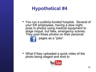 Hypothetical #4 You run a publicly-funded hospital.  Several of your ER employees, having a slow night, pose in photos using medical equipment to stage risqué, but fake, emergency scenes.  They post these photos on their personal  pages as a “joke”.  What if they uploaded a quick video of the photo being staged and shot to 