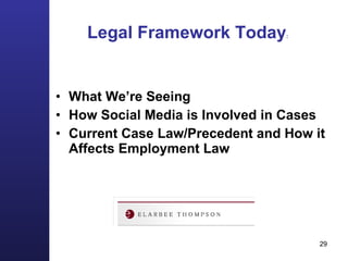 Legal Framework Today :  What We’re Seeing How Social Media is Involved in Cases Current Case Law/Precedent and How it Affects Employment Law 