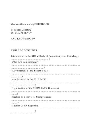 shrmcertifi cation.org/SHRMBOCK
THE SHRM BODY
OF COMPETENCY
AND KNOWLEDGE™
TABLE OF CONTENTS
Introduction to the SHRM Body of Competency and Knowledge
................................................... 1
What Are Competencies?
...............................................................................................
............................................ 3
Development of the SHRM BoCK
...............................................................................................
...............4
New Material in the 2017 BoCK
...............................................................................................
................................ 6
Organization of the SHRM BoCK Document
...............................................................................................
........7
Section 1: Behavioral Competencies
...............................................................................................
.........7
Section 2: HR Expertise
...............................................................................................
.................................7
 