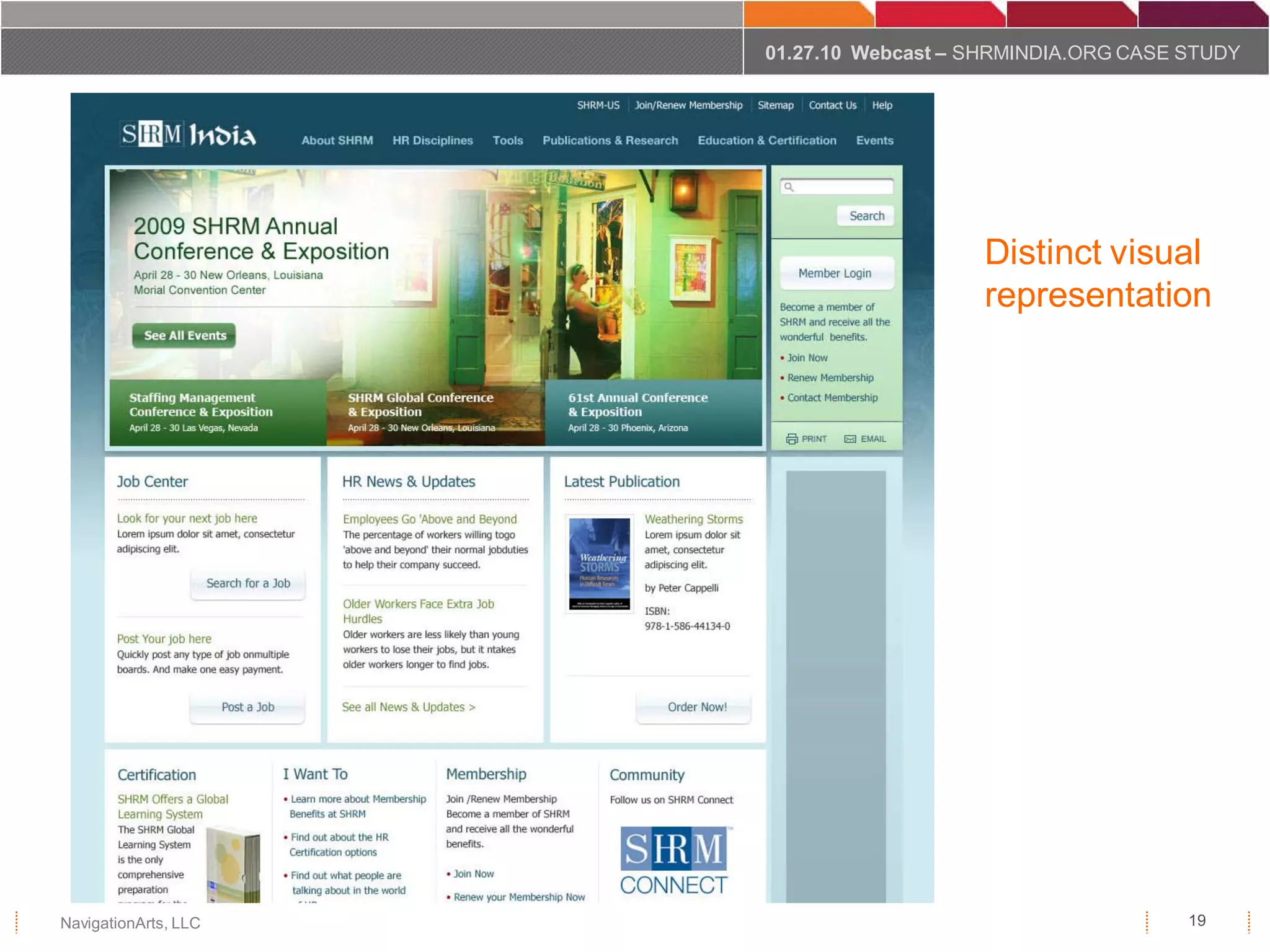 01.27.10 Webcast – SHRMINDIA.ORG CASE STUDY




                                         Distinct visual
                                         representation




NavigationArts, LLC                                         19
 