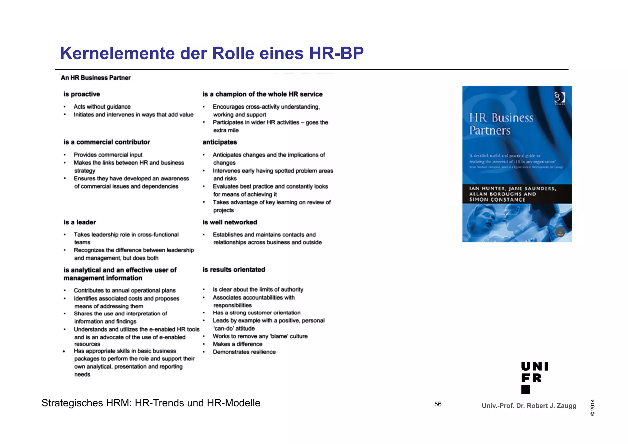 Univ.-Prof. Dr. Robert J. Zaugg 
© 2014 
Kernelemente der Rolle eines HR-BP 
Strategisches HRM: HR-Trends und HR-Modelle 
56 
 