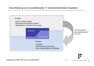 Verschiebung von transaktionalen ! transformationalen Aspekten 
Univ.-Prof. Dr. Robert J. Zaugg 
© 2014 
Prinzipien 
• besser, schneller, günstiger 
• Rationalisiere: Redundanzen entfernen 
• Standardisiere und Optimiere Kernprozesse 
Transaktion 
Transformation 
Prinzipien 
• Flexibilität 
• Orientierung am Kundennutzen 
• Fokus: positive Effekte und Nützlichkeit 
Strategisches HRM: HR-Trends und HR-Modelle 43 
„first transaction, 
than transformation“ 
Dave Ulrich 
 