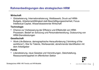 Wirtschaft 
• Globalisierung, Internationalisierung, Wettbewerb, Druck auf HRM-Budgets, 
Arbeitsmarktfähigkeit statt Beschäftigungssicherheit, Focus 
Intellectual Capital, Wissensbasierende Wirtschaft 
Technologie 
• Chance zur Verbesserung der Effizienz und Effektivität von HRM-Prozessen, 
Bedarf an Schulung und Personalentwicklung, Outsourcing von 
HRM-Dienstleistungen 
Gesellschaft 
• Work-Life-Balance, demographische Herausforderung (“shrinking of the 
workforce”), War for Talents, Wertewandel, abnehmende Identifikation mit 
dem Arbeitgeber 
Politik 
• Liberalisierung, neue Gesetze und Verordnungen, Gleichstellung, 
Ressourcenknappheit im öffentlichen Sektor 
Univ.-Prof. Dr. Robert J. Zaugg 
© 2014 
Rahmenbedingungen des strategischen HRM 
Strategisches HRM: HR-Trends und HR-Modelle 
5 
 
