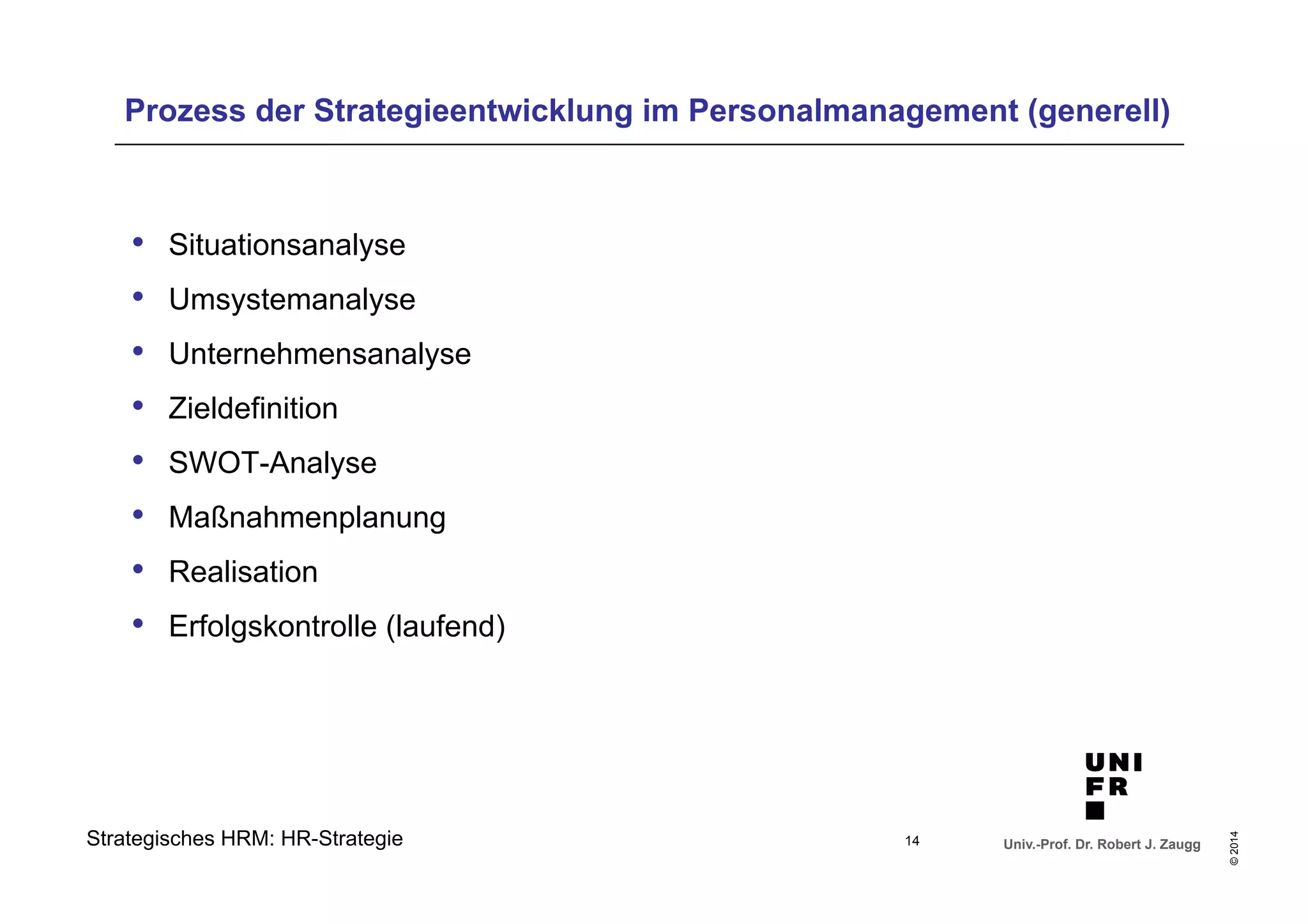 Prozess der Strategieentwicklung im Personalmanagement (generell) 
Univ.-Prof. Dr. Robert J. Zaugg 
© 2014 
• Situationsanalyse 
• Umsystemanalyse 
• Unternehmensanalyse 
• Zieldefinition 
• SWOT-Analyse 
• Maßnahmenplanung 
• Realisation 
• Erfolgskontrolle (laufend) 
Strategisches HRM: HR-Strategie 
14 
 