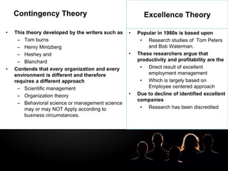 LOGOContingency Theory
• This theory developed by the writers such as
– Tom burns
– Henry Mintzberg
– Heshey and
– Blanchard
• Contends that every organization and every
environment is different and therefore
requires a different approach
– Scientific management
– Organization theory
– Behavioral science or management science
may or may NOT Apply according to
business circumstances.
Excellence Theory
• Popular in 1980s is based upon
• Research studies of Tom Peters
and Bob Waterman.
• These researchers argue that
productivity and profitability are the
• Direct result of excellent
employment management
• Which is largely based on
Employee centered approach
• Due to decline of identified excellent
companies
• Research has been discredited
 