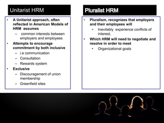 LOGOUnitarist HRM
• A Unitarist approach, often
reflected in American Models of
HRM assumes
– common interests between
employers and employees
• Attempts to encourage
commitment by both inclusive
– i.e communication
– Consultation
– Rewards system
• Exclusive
– Discouragement of union
membership
– Greenfield sites
• Pluralism, recognizes that employers
and their employees will
• Inevitably experience conflicts of
interest,
• Which HRM will need to negotiate and
resolve in order to meet
• Organizational goals
 