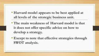 • Harvard model appears to be best applied at
all levels of the strategic business unit.
• The main weakness of Harvard model is that
it does not offer specific advice on how to
develop a strategy.
• Except to note that effective strategies through
SWOT analysis.
 