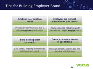 Tips for Building Employer Brand


        Establish clear employer             Employees are the best
                 values                     advocates for your brand


     Proactively communicate this to        Your people are networking with
      drive engagement with talent        like minded people; engage them



           Build a strong talent            Create a careers presence
               community                         in Social Media


    Build strong, ongoing relationships   Highlight career opportunities and
           with interested talent               socialize with followers




                                                                 22
 