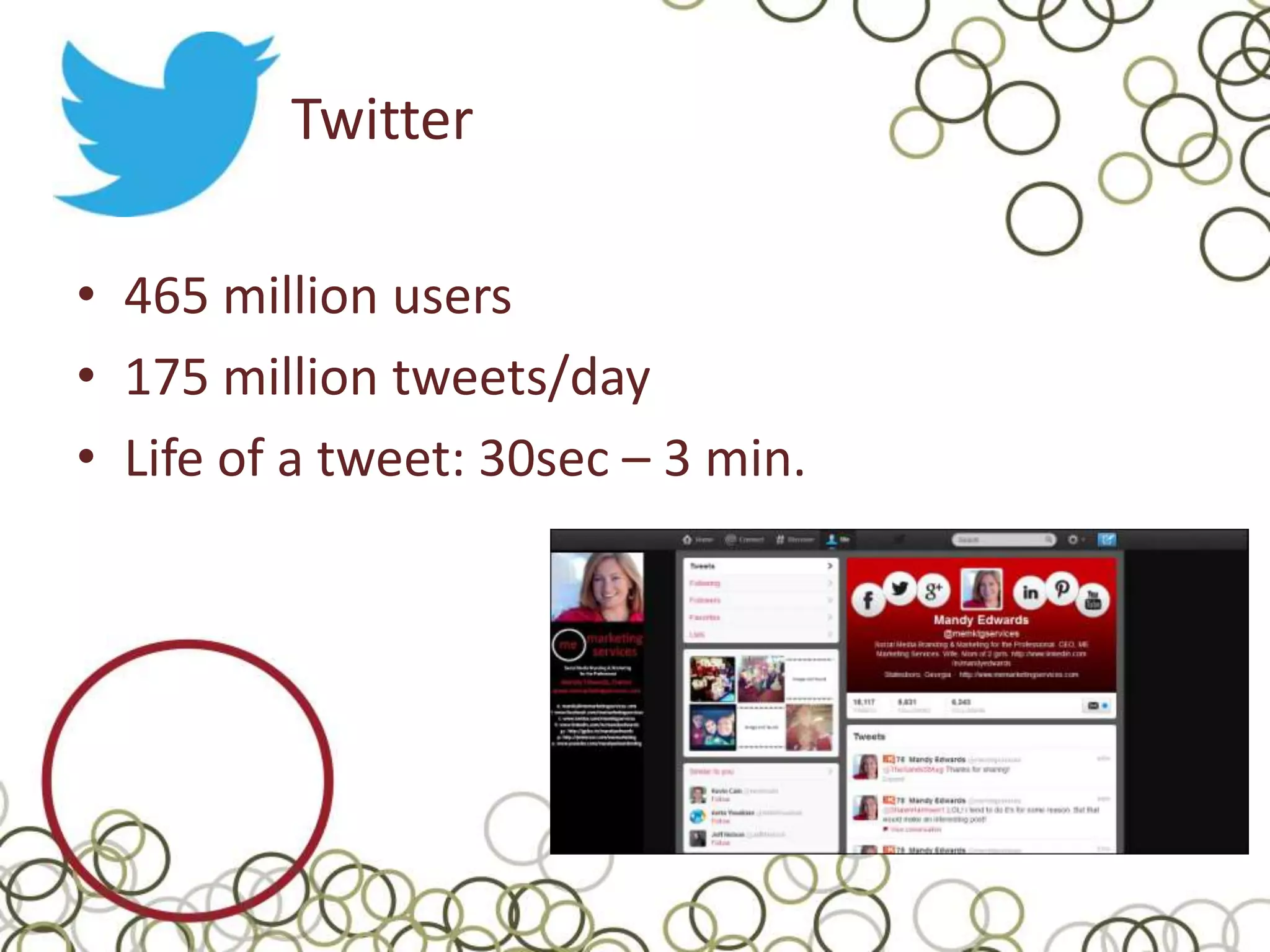 Twitter

• 465 million users
• 175 million tweets/day
• Life of a tweet: 30sec – 3 min.
 