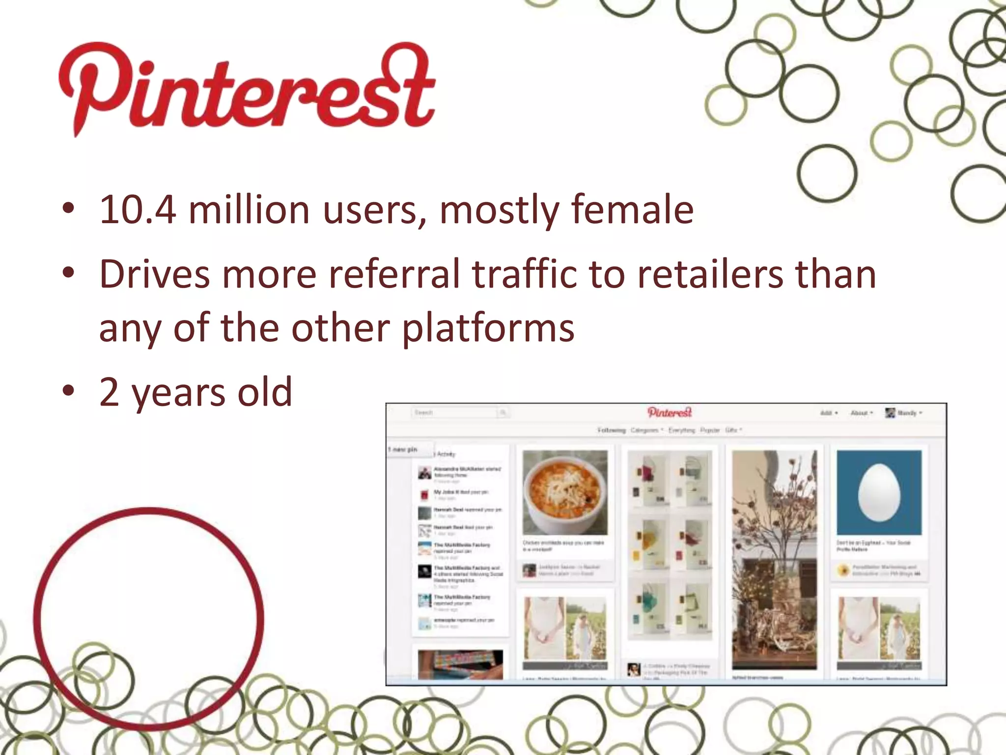 • 10.4 million users, mostly female
• Drives more referral traffic to retailers than
  any of the other platforms
• 2 years old
 