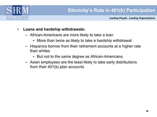 Ethnicity’s Role in 401(k) Participation
                                                     Leading People. Leading Organizations.



•   Loans and hardship withdrawals:
     – African-Americans are more likely to take a loan
         • More than twice as likely to take a hardship withdrawal
     – Hispanics borrow from their retirement accounts at a higher rate
       than whites
         • But not to the same degree as African-Americans.
     – Asian employees are the least likely to take early distributions
       from their 401(k) plan accounts




                                                                                   48
                                                                                   48
 