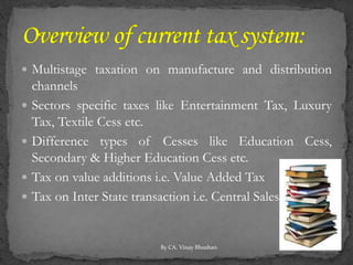  Multistage taxation on manufacture and distribution
channels
 Sectors specific taxes like Entertainment Tax, Luxury
Tax, Textile Cess etc.
 Difference types of Cesses like Education Cess,
Secondary & Higher Education Cess etc.
 Tax on value additions i.e. Value Added Tax
 Tax on Inter State transaction i.e. Central Sales Tax
By CA. Vinay Bhushan
 