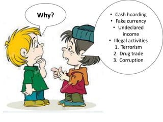 Why? • Cash hoarding
• Fake currency
• Undeclared
income
• Illegal activities
1. Terrorism
2. Drug trade
3. Corruption
 