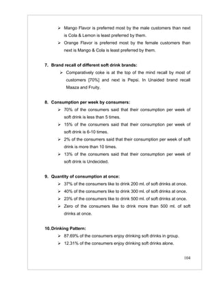  Mango Flavor is preferred most by the male customers than next
         is Cola & Lemon is least preferred by them.
       Orange Flavor is preferred most by the female customers than
         next is Mango & Cola is least preferred by them.


7. Brand recall of different soft drink brands:
        Comparatively coke is at the top of the mind recall by most of
          customers [70%] and next is Pepsi. In Unaided brand recall
          Maaza and Fruity.


8. Consumption per week by consumers:
       70% of the consumers said that their consumption per week of
         soft drink is less than 5 times.
       15% of the consumers said that their consumption per week of
         soft drink is 6-10 times.
       2% of the consumers said that their consumption per week of soft
         drink is more than 10 times.
       13% of the consumers said that their consumption per week of
         soft drink is Undecided.


9. Quantity of consumption at once:
       37% of the consumers like to drink 200 ml. of soft drinks at once.
       40% of the consumers like to drink 300 ml. of soft drinks at once.
       23% of the consumers like to drink 500 ml. of soft drinks at once.
       Zero of the consumers like to drink more than 500 ml. of soft
         drinks at once.


10. Drinking Pattern:
       87.69% of the consumers enjoy drinking soft drinks in group.
       12.31% of the consumers enjoy drinking soft drinks alone.


                                                                        104
 