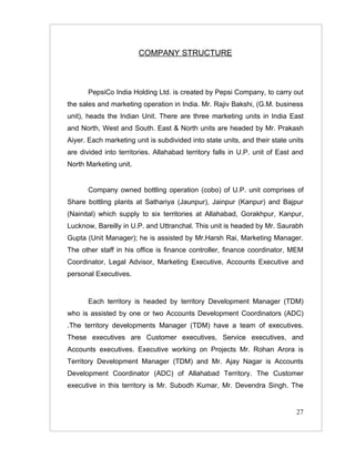 COMPANY STRUCTURE



       PepsiCo India Holding Ltd. is created by Pepsi Company, to carry out
the sales and marketing operation in India. Mr. Rajiv Bakshi, (G.M. business
unit), heads the Indian Unit. There are three marketing units in India East
and North, West and South. East & North units are headed by Mr. Prakash
Aiyer. Each marketing unit is subdivided into state units, and their state units
are divided into territories. Allahabad territory falls in U.P. unit of East and
North Marketing unit.


       Company owned bottling operation (cobo) of U.P. unit comprises of
Share bottling plants at Sathariya (Jaunpur), Jainpur (Kanpur) and Bajpur
(Nainital) which supply to six territories at Allahabad, Gorakhpur, Kanpur,
Lucknow, Bareilly in U.P. and Uttranchal. This unit is headed by Mr. Saurabh
Gupta (Unit Manager); he is assisted by Mr.Harsh Rai, Marketing Manager.
The other staff in his office is finance controller, finance coordinator, MEM
Coordinator, Legal Advisor, Marketing Executive, Accounts Executive and
personal Executives.


       Each territory is headed by territory Development Manager (TDM)
who is assisted by one or two Accounts Development Coordinators (ADC)
.The territory developments Manager (TDM) have a team of executives.
These executives are Customer executives, Service executives, and
Accounts executives. Executive working on Projects Mr. Rohan Arora is
Territory Development Manager (TDM) and Mr. Ajay Nagar is Accounts
Development Coordinator (ADC) of Allahabad Territory. The Customer
executive in this territory is Mr. Subodh Kumar, Mr. Devendra Singh. The


                                                                             27
 