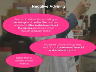 Dearth of advisers who are willing to
encourage and be directive, because
women are often unable to puzzle out
the strategies necessary to get
through graduate school
Increased number of drop rates
due to lack of professional, financial
and emotional support.
Exploitation of
women by their
mentors
Negative Advising
 