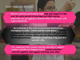 It is important that women scientists develop a support
system, and this can happen only if women scientists
network together and support and help each other.
As a minority in the work environment and between
managing two jobs - (home and the work place) – women
scientists lack the time required to network with peers and
build a support system, where one can share both triumphs
and disappointments, (the latter constituting a big part of a
scientist’s life!)
Women scientists particularly need help and support to tide
over the early period of marriage and child rearing
when they are struggling to balance their early career with
a growing family.
WHAT ELSE CAN BE DONE!
 