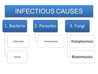 1. Bacteria
Tuberculosis
Leprosy
2. Parasites
Schistosomiasis
3. Fungi
Histoplasmosis
Blastomycosis
INFECTIOUS CAUSES
 