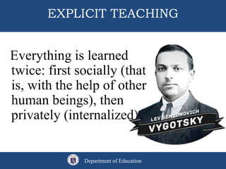 EXPLICIT TEACHING
Everything is learned
twice: first socially (that
is, with the help of other
human beings), then
privately (internalized).
Department of Education
 