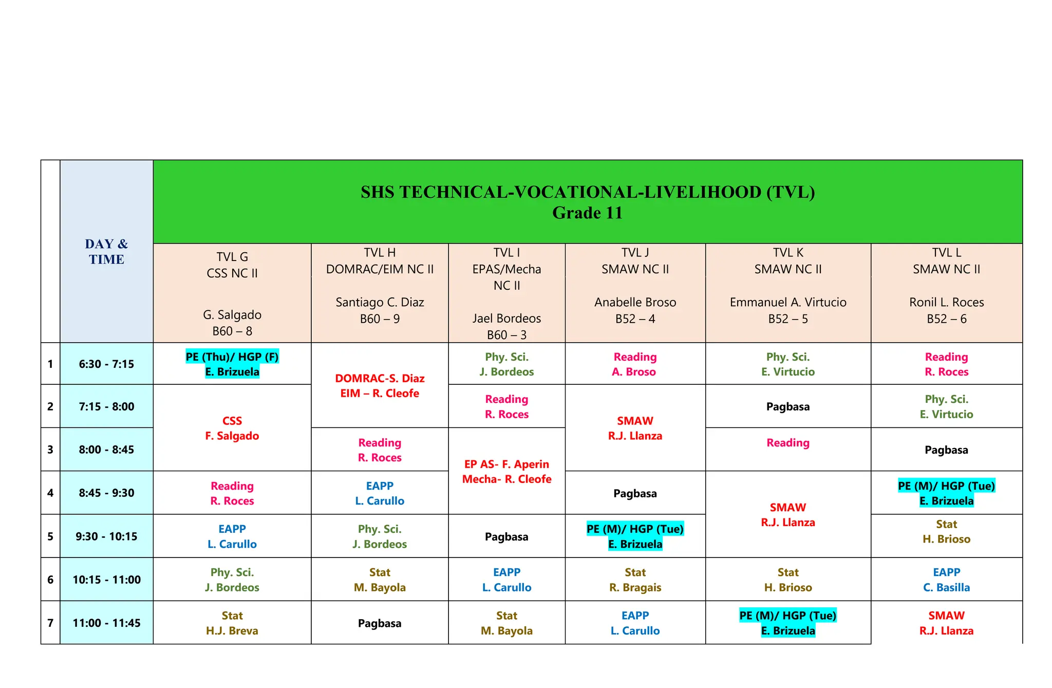 DAY &
TIME
SHS TECHNICAL-VOCATIONAL-LIVELIHOOD (TVL)
Grade 11
TVL G
CSS NC II
TVL H
DOMRAC/EIM NC II
TVL I
EPAS/Mecha
NC II
Jael Bordeos
B60 – 3
TVL J
SMAW NC II
TVL K
SMAW NC II
TVL L
SMAW NC II
Santiago C. Diaz
B60 – 9
Anabelle Broso
B52 – 4
Emmanuel A. Virtucio
B52 – 5
Ronil L. Roces
B52 – 6
G. Salgado
B60 – 8
1 6:30 - 7:15
PE (Thu)/ HGP (F)
E. Brizuela
DOMRAC-S. Diaz
EIM – R. Cleofe
Phy. Sci.
J. Bordeos
Reading
A. Broso
Phy. Sci.
E. Virtucio
Reading
R. Roces
2 7:15 - 8:00
CSS
F. Salgado
Reading
R. Roces
SMAW
R.J. Llanza
Pagbasa
Phy. Sci.
E. Virtucio
3 8:00 - 8:45
Reading
R. Roces
EP AS- F. Aperin
Mecha- R. Cleofe
Reading
Pagbasa
4 8:45 - 9:30
Reading
R. Roces
EAPP
L. Carullo
Pagbasa
SMAW
R.J. Llanza
PE (M)/ HGP (Tue)
E. Brizuela
5 9:30 - 10:15
EAPP
L. Carullo
Phy. Sci.
J. Bordeos
Pagbasa
PE (M)/ HGP (Tue)
E. Brizuela
Stat
H. Brioso
6 10:15 - 11:00
Phy. Sci.
J. Bordeos
Stat
M. Bayola
EAPP
L. Carullo
Stat
R. Bragais
Stat
H. Brioso
EAPP
C. Basilla
7 11:00 - 11:45
Stat
H.J. Breva
Pagbasa
Stat
M. Bayola
EAPP
L. Carullo
PE (M)/ HGP (Tue)
E. Brizuela
SMAW
R.J. Llanza
 