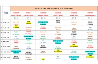 DAY &
TIME
HUMANITIES AND SOCIAL SCIENCE (HUMSS)
HUMSS A HUMSS B HUMSS C HUMSS D HUMSS E HUMSS F
Harlen B. Brioso Cherry T. Basilla Karen D. Rances Johnis T. Borjal Aiza B. Betiz Fernando Fajardo III
B64 – 1 B64 – 2 B64 – 3 B64 – 4 B64 – 5 B64 – 6
1 6:30 - 7:15 Stat & Prob CPAR
L. Bornilla
PE (Tue)/ HGP (W)
Phy. Sci.
J. Borjal Stat & Prob Phy. Sci.
H. Brioso M. Barlizo A. Betiz F. Fajardo
2 7:15 - 8:00
CPAR
L. Bornilla Stat & Prob Reading
K.C. Malaga
Stat & Prob
Pagbasa
J. Perdiguez
DISS
H. Brioso A. Betiz B. Lorico
3 8:00 - 8:45
PerDev Reading Stat & Prob Pagbasa Phy. Sci.
Stat & Prob
A. Betiz
G. Bermillo K.C. Malaga H. Brioso J. Perdiguez F. Fajardo
4 8:45 - 9:30
DISS PE (Tue)/ HGP (W) PerDev
Reading
K.C. Malaga
DISS
A. Sente
Pagbasa
J.A. Torre M. Barlizo E. Bongalon J. Perdiguez
5 9:30 - 10:15
Reading
R. Bigtas
PerDev DISS
J.A. Torre
PE (Tue)/ HGP (W) Reading
K.C. Malaga
PerDev
E. Bongalon M. Barlizo G. Bermillo
6 10:15 - 11:00 Pagbasa
DISS
J.A. Torre
Phy. Sci.
O. Brumagin PerDev
G. Bermillo
CPAR
P. J. Faculanan Reading
K.C. Malaga
J. Perdiguez
7 11:00 - 11:45
PE (Tue)/ HGP (W)
M. Barlizo Phy. Sci.
O. Brumagin
Pagbasa
J. Perdiguez
CPAR
P. J. Faculanan PerDev
G. Bermillo
PE (M)/ HGP (Tue)
M. Barlizo
8 11:45 - 12:30
Phy. Sci.
O. Brumagin Pagbasa
J. Perdiguez CPAR
DISS
B. Lorico
PE (Tue)/ HGP (W)
CPAR
P. J. Faculanan
M. Barlizo
 